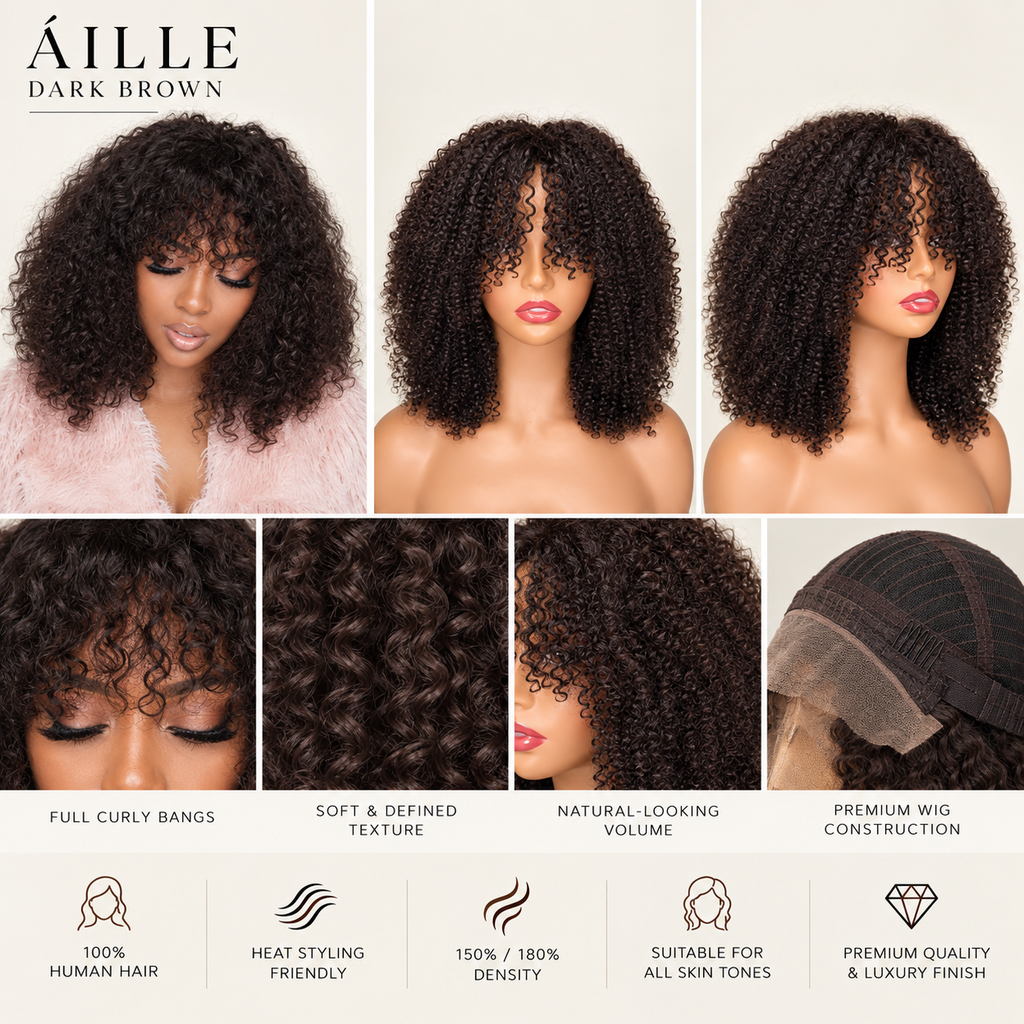 ÁILLE Dark Brown Kinky Curl | Human Hair Wig with Bangs