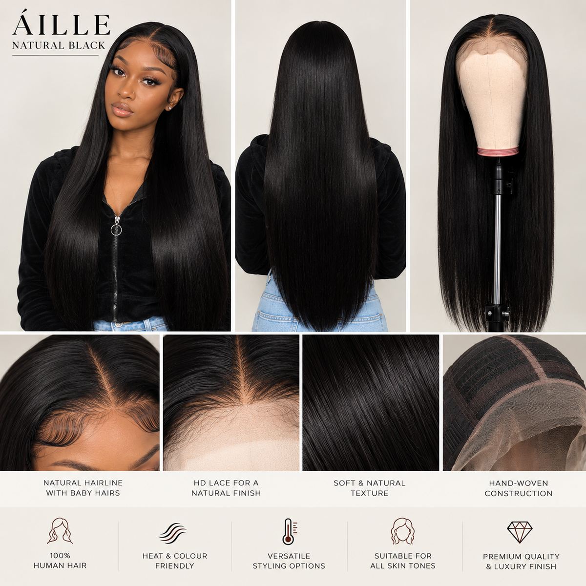ÁILLE Natural Black | Human Hair HD Lace Wig 13x4 Headset