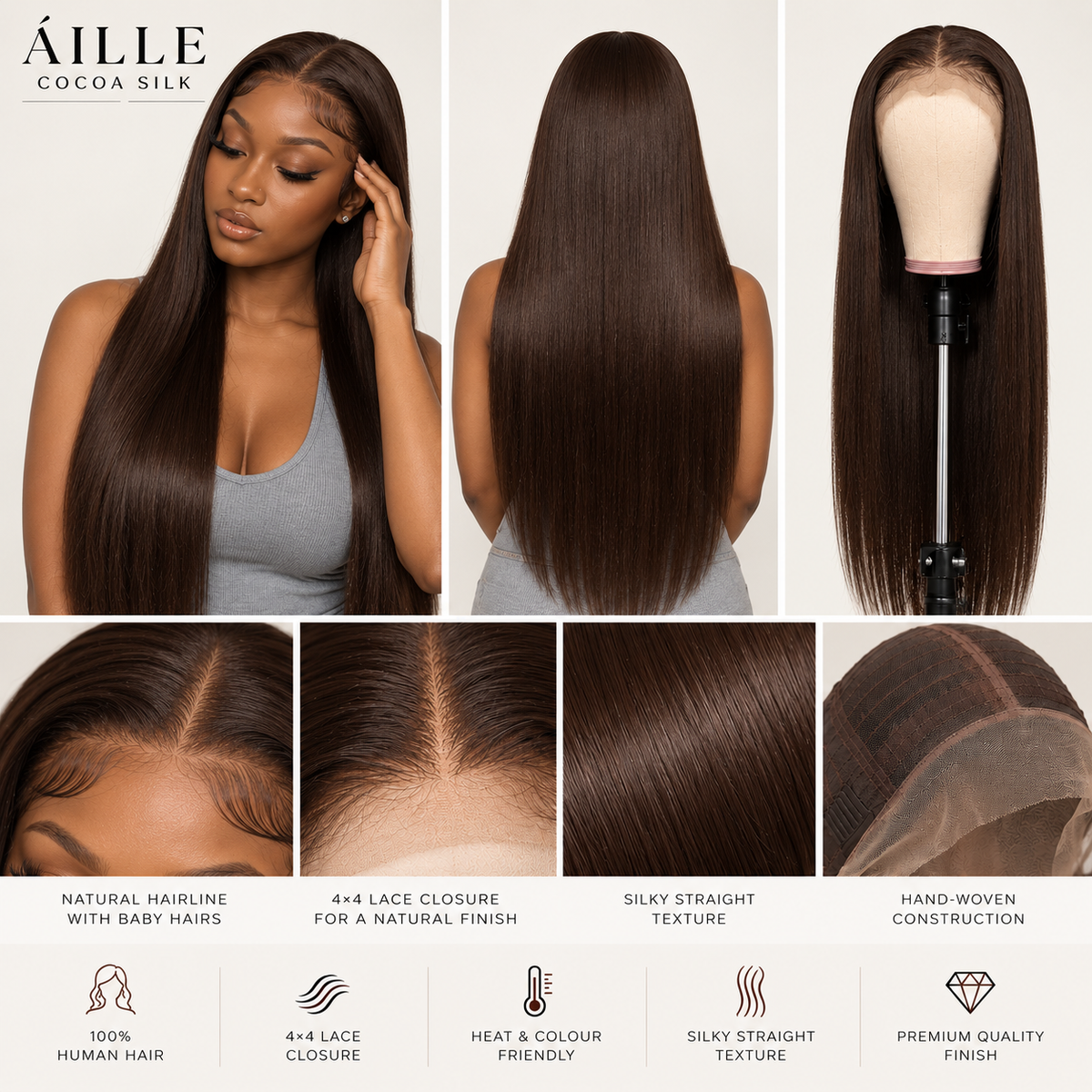ÁILLE Cocoa Silk | 4×4 Human Hair Lace Closure Wig