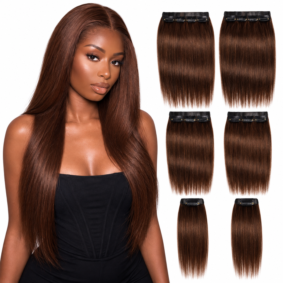 ÁILLE Seamless Brown Straight Clip-In Extensions | 100% Human Hair
