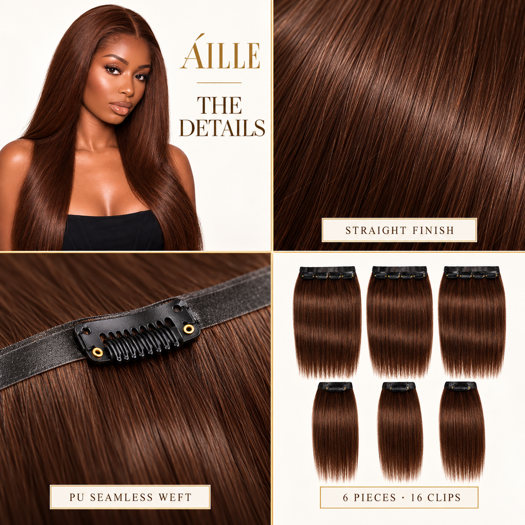 ÁILLE Seamless Brown Straight Clip-In Extensions | 100% Human Hair