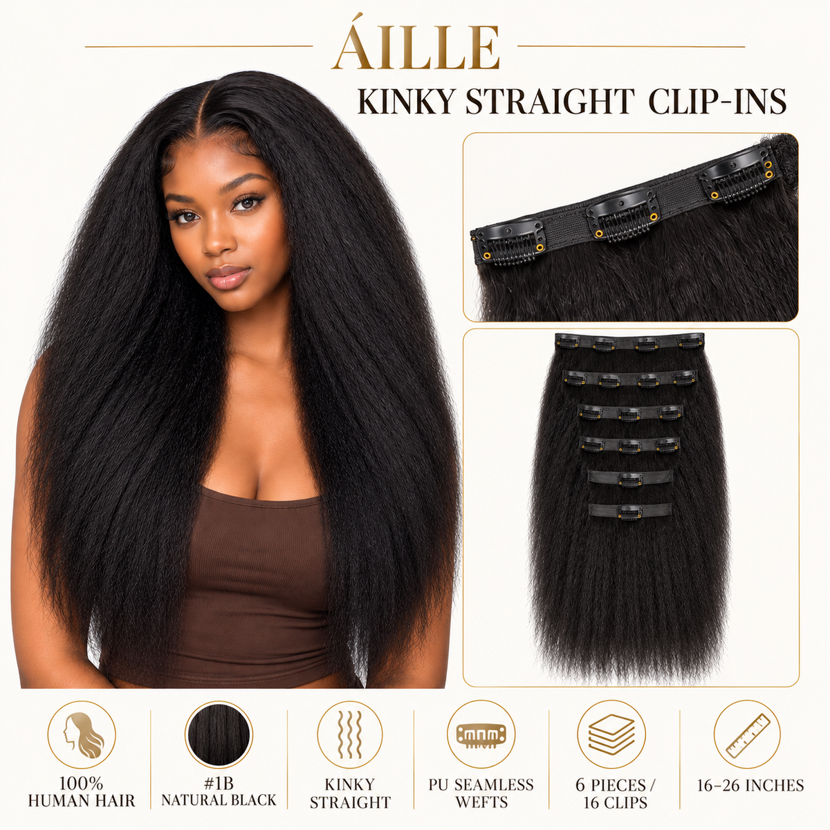 ÁILLE Seamless Kinky Straight Clip-In Extensions | 100% Human Hair