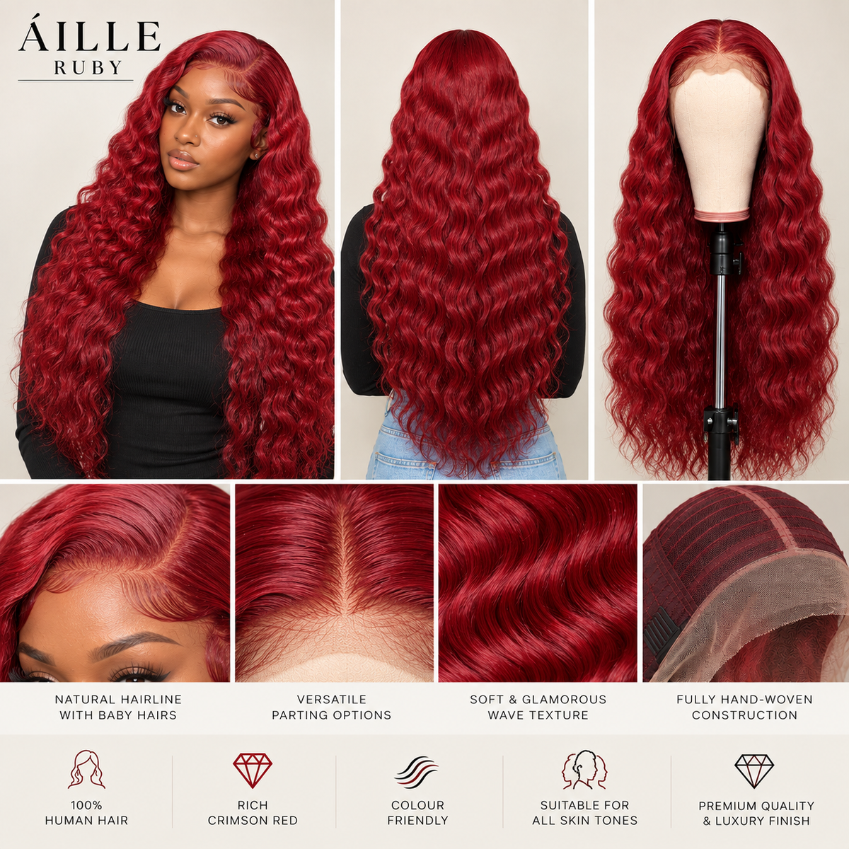 ÁILLE RUBY | Human Hair Crimson Wave 5×5 T-Shaped Lace Front Wig